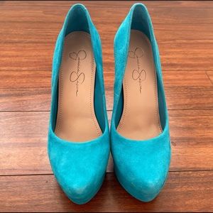 Jessica Simpson Teal Suede Leather Waleo Heels